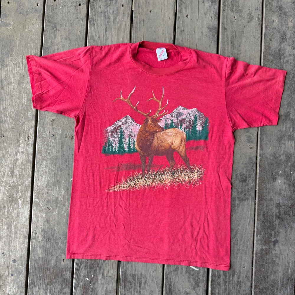 Vintage 90s Elk Mountain Graphic T-Shirt Red XL Nature Gorpcore Retro